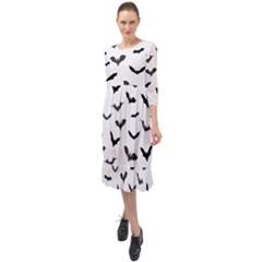 Bats Pattern Ruffle End Midi Chiffon Dress