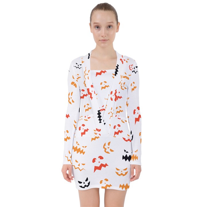 Pumpkin Faces Pattern V-neck Bodycon Long Sleeve Dress