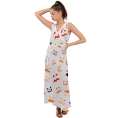 Pumpkin Faces Pattern V-neck Chiffon Maxi Dress