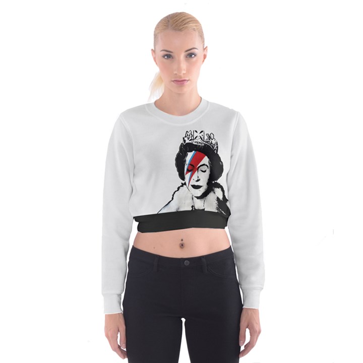 Banksy graffiti UK England God Save the Queen Elisabeth with David Bowie rockband face makeup Ziggy Stardust Cropped Sweatshirt