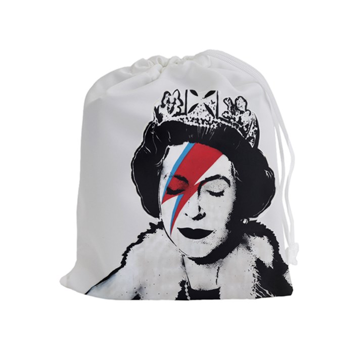 Banksy graffiti UK England God Save the Queen Elisabeth with David Bowie rockband face makeup Ziggy Stardust Drawstring Pouch (XL)