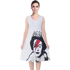 Banksy Graffiti Uk England God Save The Queen Elisabeth With David Bowie Rockband Face Makeup Ziggy Stardust V-neck Midi Sleeveless Dress  by snek