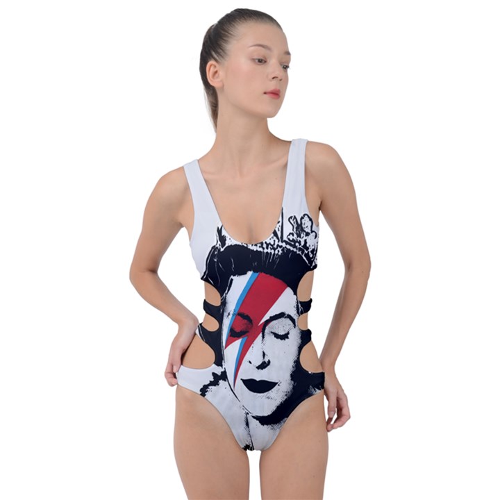 Banksy graffiti UK England God Save the Queen Elisabeth with David Bowie rockband face makeup Ziggy Stardust Side Cut Out Swimsuit