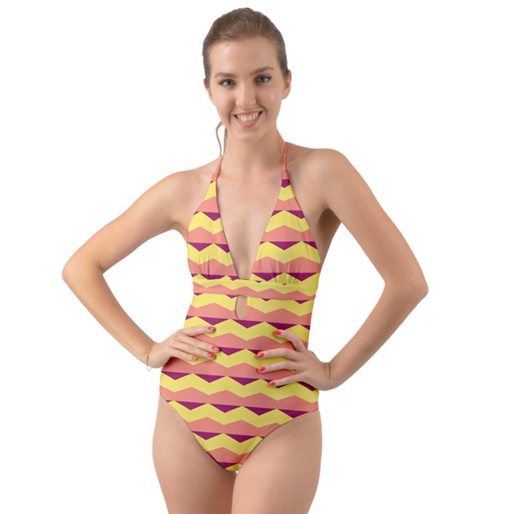 Background Colorful Chevron Halter Cut-Out One Piece Swimsuit