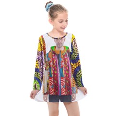 African Fabrics Fabrics Of Africa Front Fabrics Of Africa Back Kids  Long Sleeve Dress by dlmcguirt