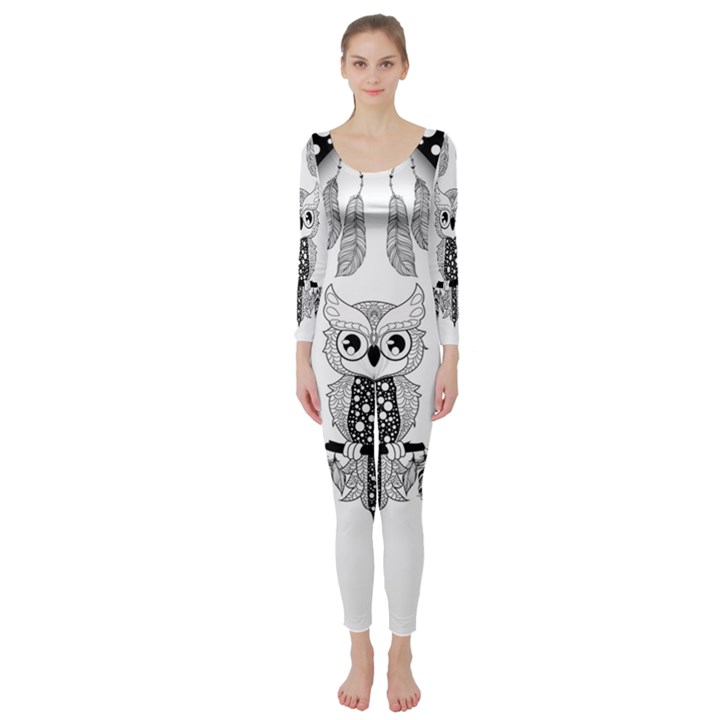 Cute Little Mandala Owl Long Sleeve Catsuit