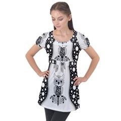 Cute Little Mandala Owl Puff Sleeve Tunic Top by FantasyWorld7