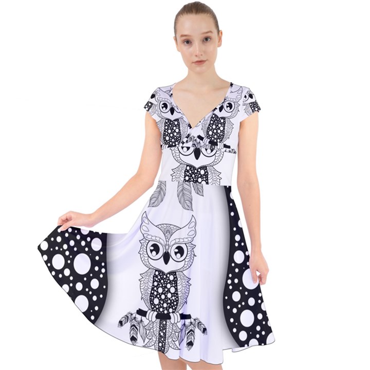 Cute Little Mandala Owl Cap Sleeve Front Wrap Midi Dress