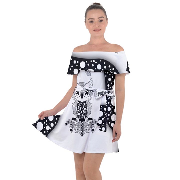 Cute Little Mandala Owl Off Shoulder Velour Dress