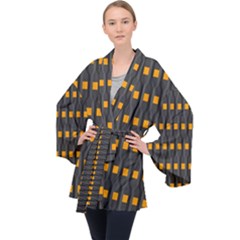 Pattern Illustrations Plaid Long Sleeve Velvet Kimono 