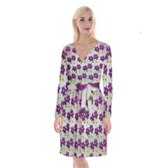 Purple Flower Long Sleeve Velvet Front Wrap Dress