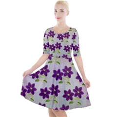 Purple Flower Quarter Sleeve A-line Dress