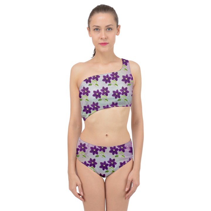 Purple Flower Spliced Up Two Piece Swimsuit