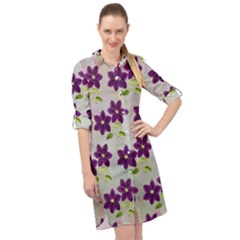 Purple Flower Long Sleeve Mini Shirt Dress