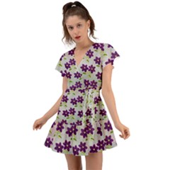 Purple Flower Flutter Sleeve Wrap Dress