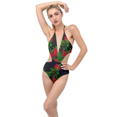 Dark Pop Art Floral Poster Plunging Cut Out Swimsuit by dflcprintsclothing