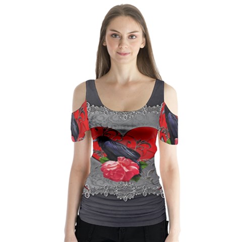 Wonderful Crow On A Heart Butterfly Sleeve Cutout Tee  by FantasyWorld7