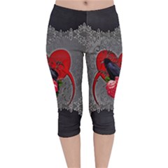 Wonderful Crow On A Heart Velvet Capri Leggings 