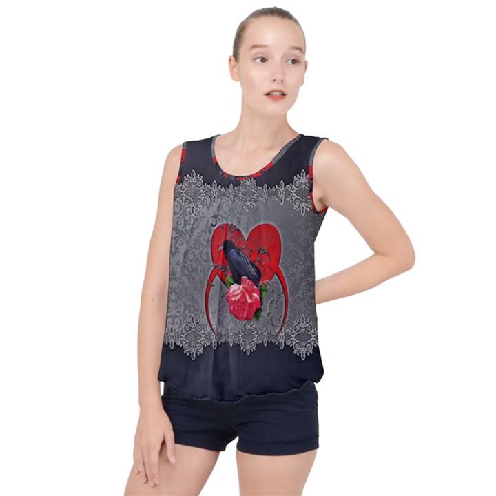 Wonderful Crow On A Heart Bubble Hem Chiffon Tank Top