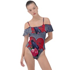 Wonderful Crow On A Heart Frill Detail One Piece Swimsuit by FantasyWorld7