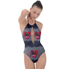 Wonderful Crow On A Heart Plunge Cut Halter Swimsuit by FantasyWorld7