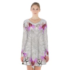 Orchidées Fleurs Abstrait Long Sleeve Velvet V-neck Dress by kcreatif