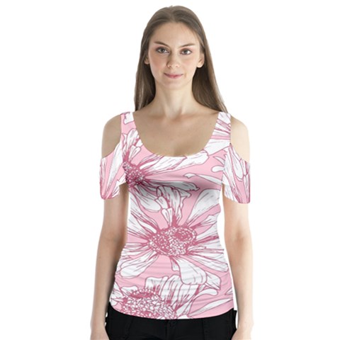 Pink Flowers Butterfly Sleeve Cutout Tee  by Sobalvarro