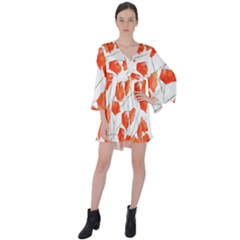 Pattern Coquelicots  V-neck Flare Sleeve Mini Dress by kcreatif