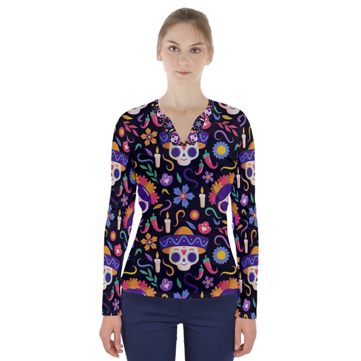 Dia de los muertos V-Neck Long Sleeve Top