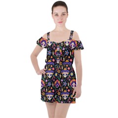 Dia De Los Muertos Ruffle Cut Out Chiffon Playsuit by Sobalvarro