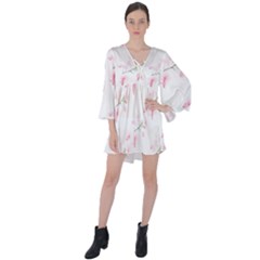 Pattern Orchidée Fleurs V-neck Flare Sleeve Mini Dress by kcreatif