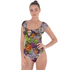 Halloween Doodle Vector Seamless Pattern Short Sleeve Leotard  by Sobalvarro