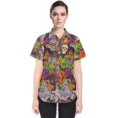 Halloween Doodle Vector Seamless Pattern Women s Short Sleeve Shirt