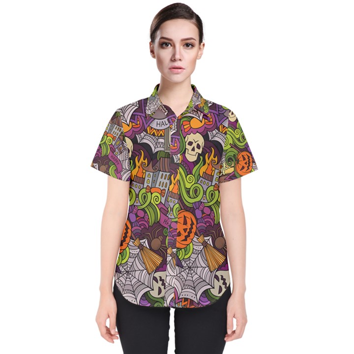 Halloween Doodle Vector Seamless Pattern Women s Short Sleeve Shirt