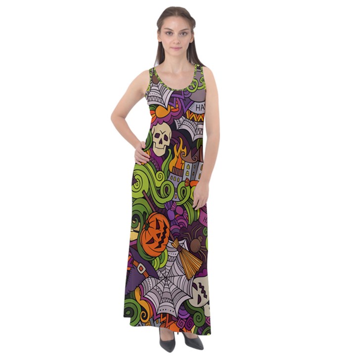 Halloween Doodle Vector Seamless Pattern Sleeveless Velour Maxi Dress