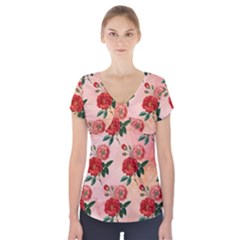 Pattern Flower Paper Short Sleeve Front Detail Top by HermanTelo