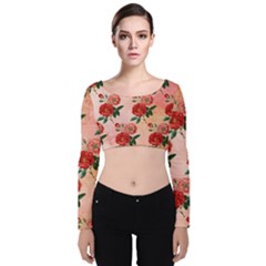 Pattern Flower Paper Velvet Long Sleeve Crop Top