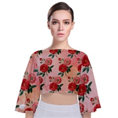 Pattern Flower Paper Tie Back Butterfly Sleeve Chiffon Top by HermanTelo