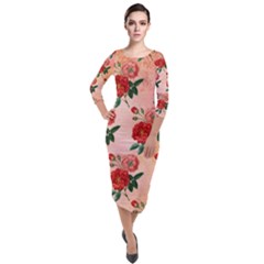 Pattern Flower Paper Quarter Sleeve Midi Velour Bodycon Dress