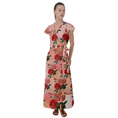 Pattern Flower Paper Flutter Sleeve Maxi Dress