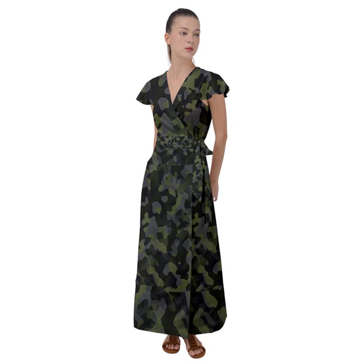 Camouflage Vert Flutter Sleeve Maxi Dress