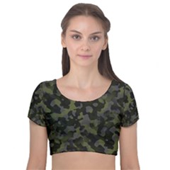 Camouflage Vert Velvet Short Sleeve Crop Top  by kcreatif