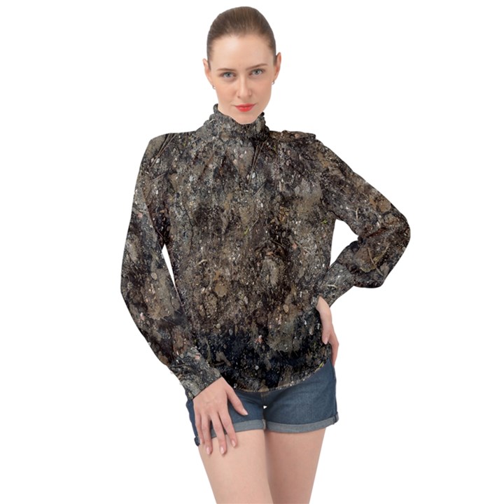 Grunge Organic Texture Print High Neck Long Sleeve Chiffon Top