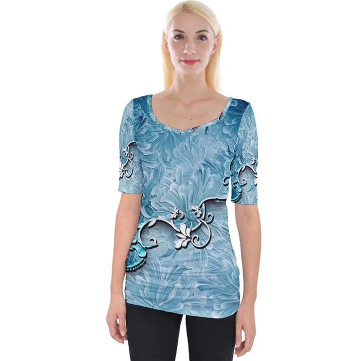 Wonderful Blue Flowers Wide Neckline Tee