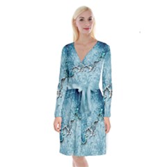 Wonderful Blue Flowers Long Sleeve Velvet Front Wrap Dress by FantasyWorld7