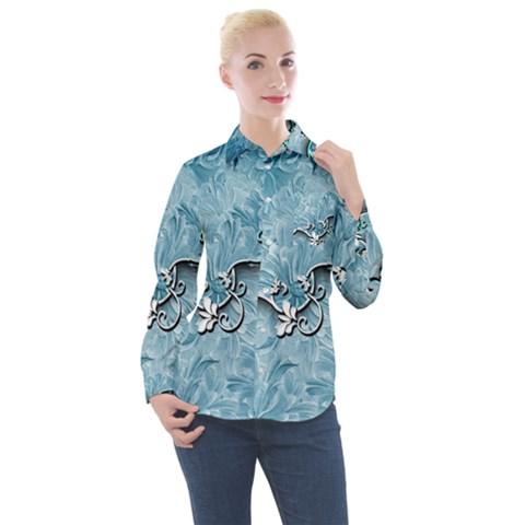 Wonderful Blue Flowers Women s Long Sleeve Pocket Shirt by FantasyWorld7