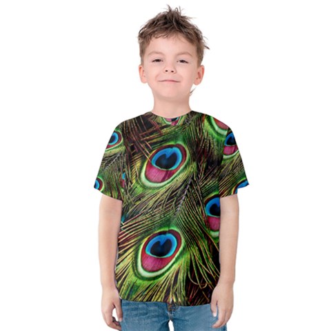 Peacock Feathers Color Plumage Kids  Cotton Tee by Celenk