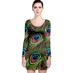 Peacock Feathers Color Plumage Long Sleeve Bodycon Dress by Celenk