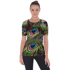 Peacock Feathers Color Plumage Shoulder Cut Out Short Sleeve Top