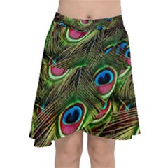 Peacock Feathers Color Plumage Chiffon Wrap Front Skirt